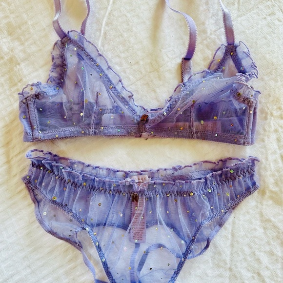 Savage X Fenty PURPLE LAVENDER SPARKLE PUFF BRALETTE & CUT-OUT BIKINI Panty Set - Picture 12 of 15